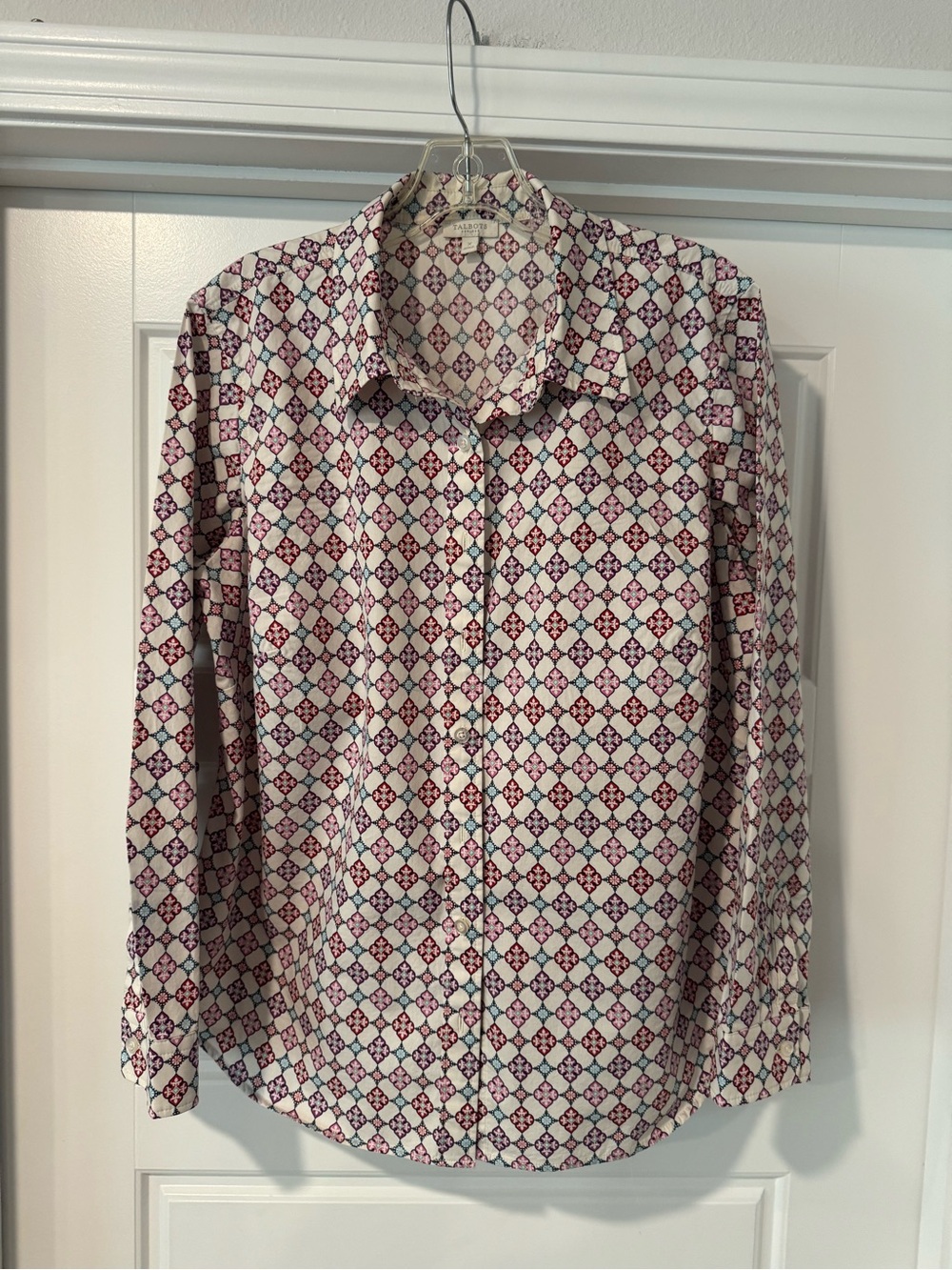 Talbots Button-Up Blouse in White with Pink and Blue Geometric Print